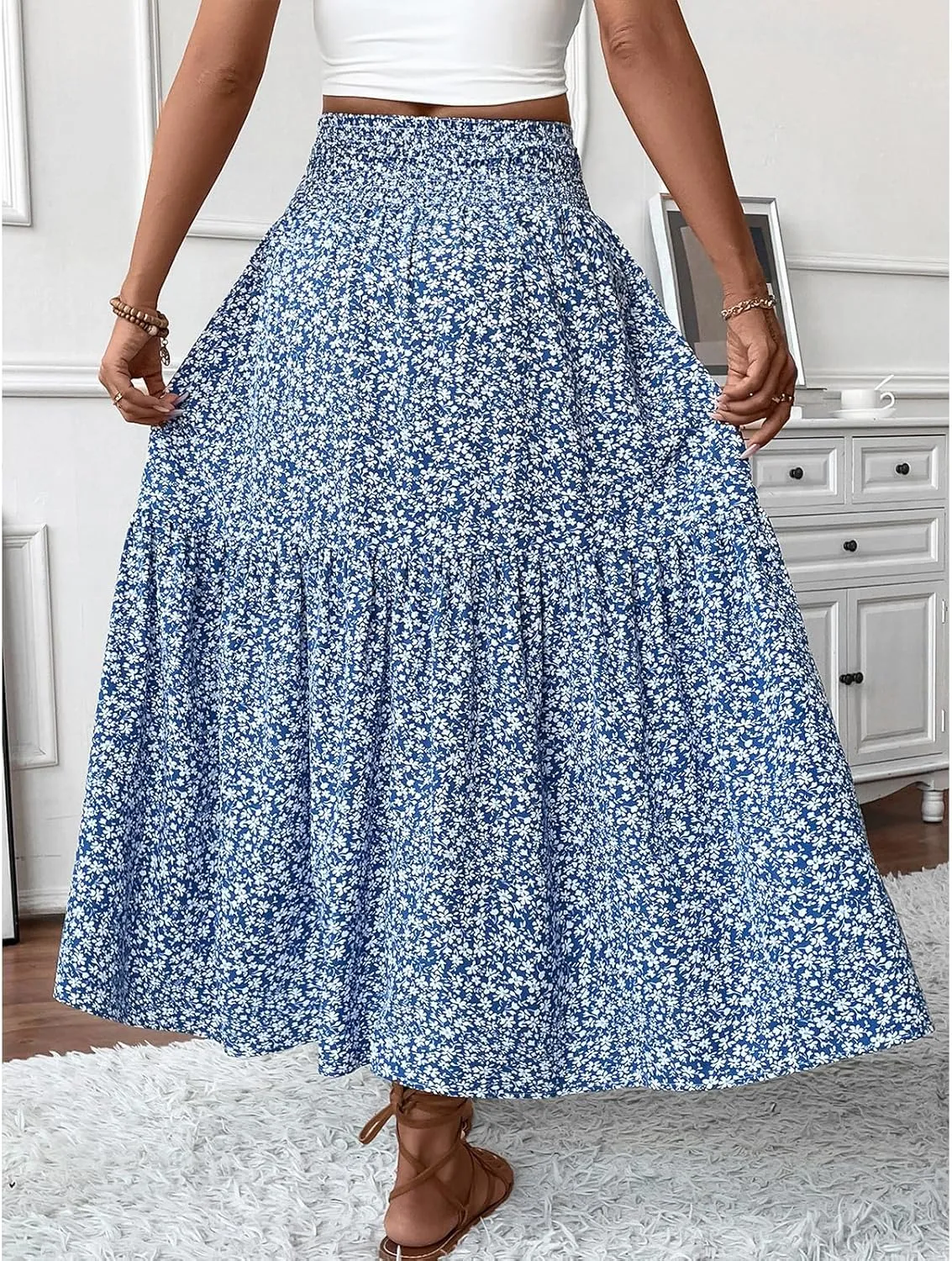 Women's Floral Maxi Skirts Summer Print Elastic High Waisted Ruffle Hem Skorts Casual Flowy Boho Long Beach Skirts