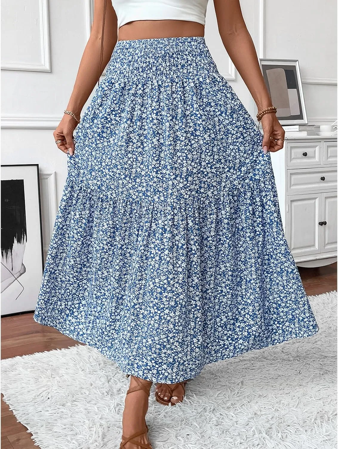 Women's Floral Maxi Skirts Summer Print Elastic High Waisted Ruffle Hem Skorts Casual Flowy Boho Long Beach Skirts
