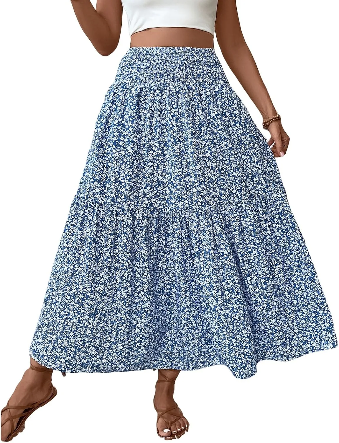 Women's Floral Maxi Skirts Summer Print Elastic High Waisted Ruffle Hem Skorts Casual Flowy Boho Long Beach Skirts