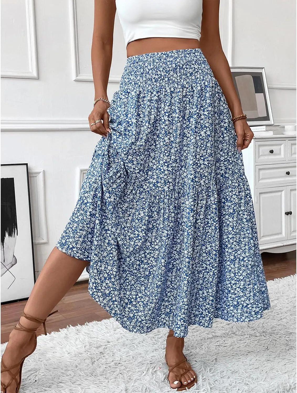 Women's Floral Maxi Skirts Summer Print Elastic High Waisted Ruffle Hem Skorts Casual Flowy Boho Long Beach Skirts