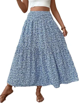 Women's Floral Maxi Skirts Summer Print Elastic High Waisted Ruffle Hem Skorts Casual Flowy Boho Long Beach Skirts