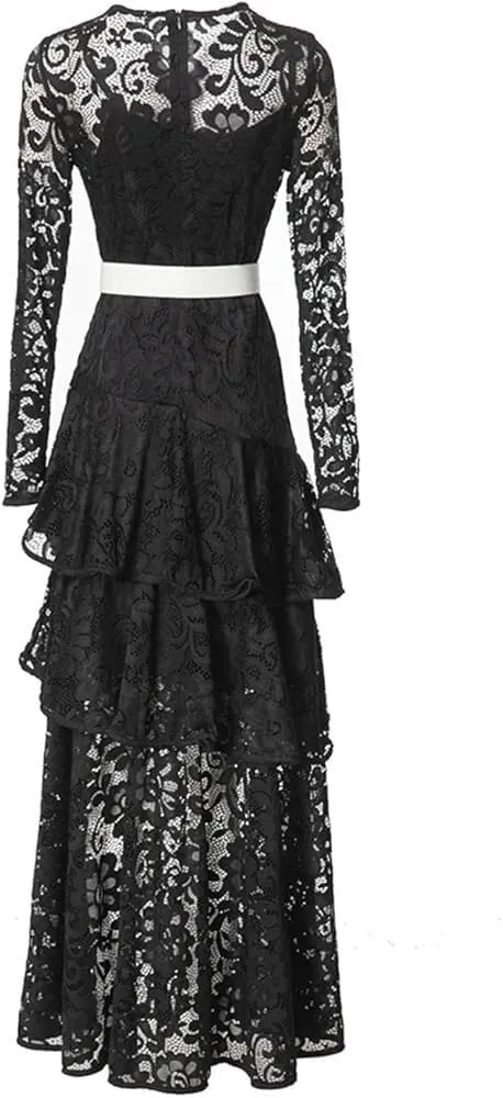 Women's Long Sleeve Lace Prom Dress Hollow Out Slim Fit Evening Gown with Belt Wedding Guest Dresses
