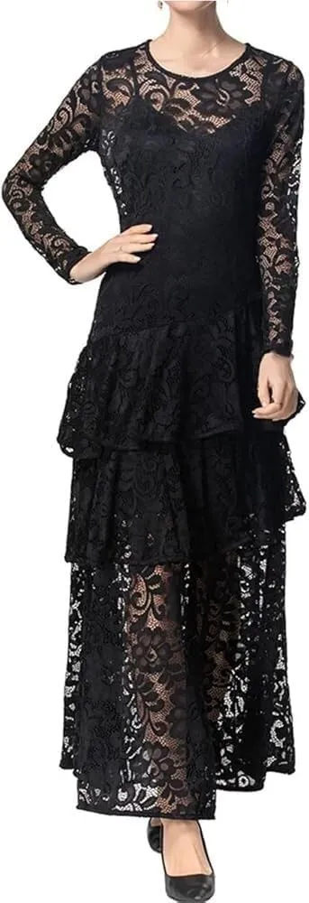 Women's Long Sleeve Lace Prom Dress Hollow Out Slim Fit Evening Gown with Belt Wedding Guest Dresses