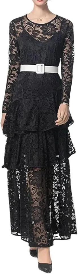 Women's Long Sleeve Lace Prom Dress Hollow Out Slim Fit Evening Gown with Belt Wedding Guest Dresses