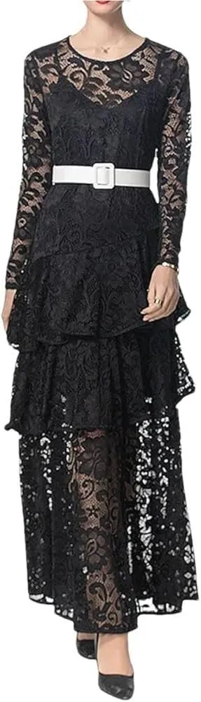 Women's Long Sleeve Lace Prom Dress Hollow Out Slim Fit Evening Gown with Belt Wedding Guest Dresses