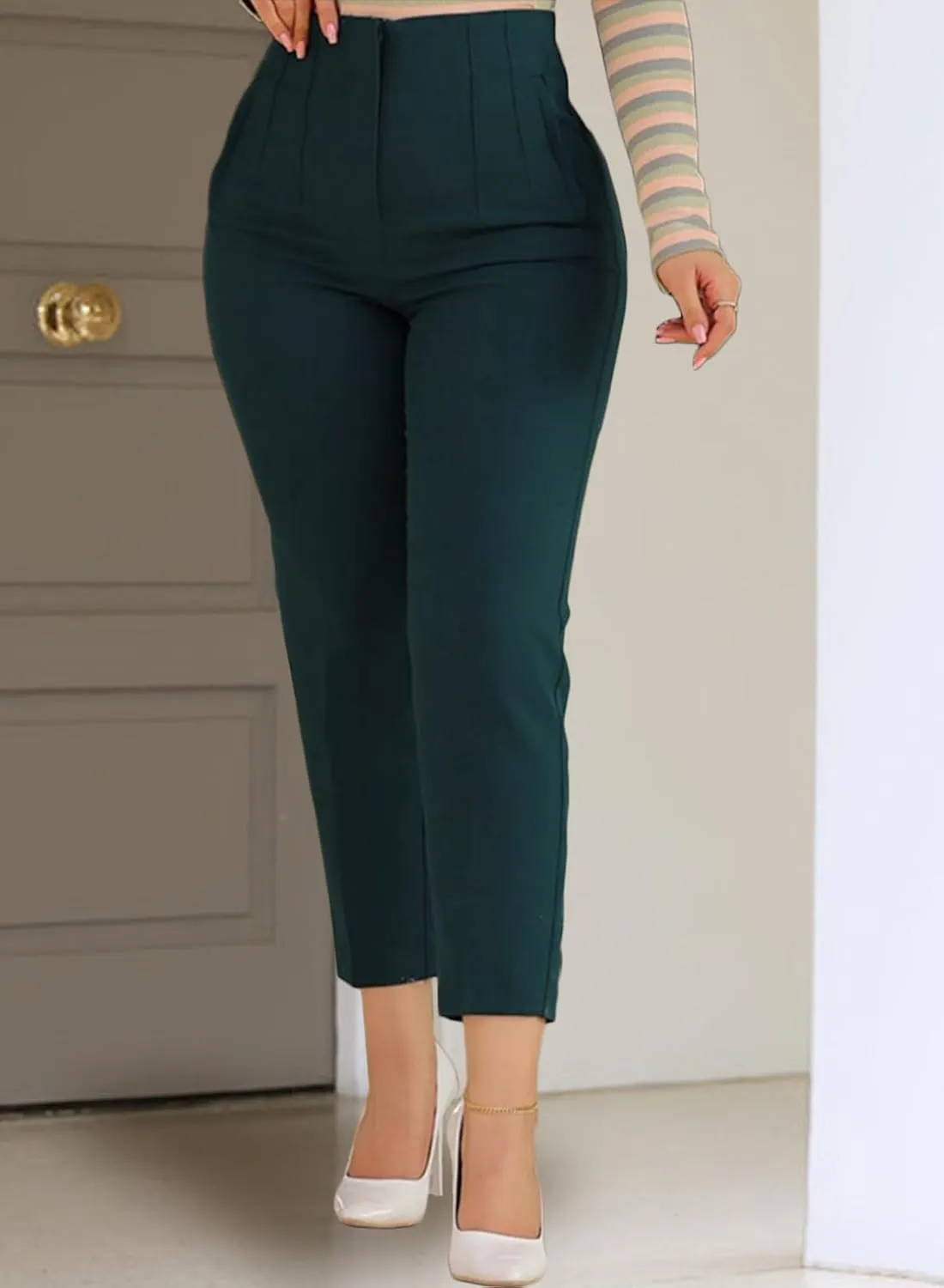 Womens Stretchy High Waisted Pants Trendy Pleated Business Work Trousers with Pockets Straight Leg Dress Pant
