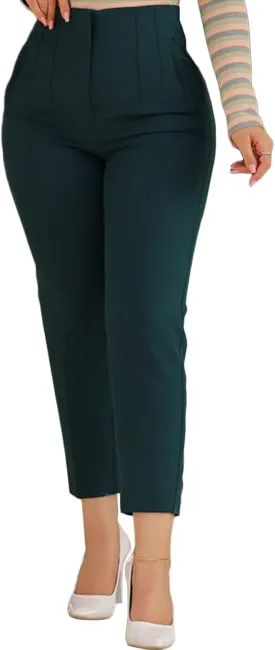 Womens Stretchy High Waisted Pants Trendy Pleated Business Work Trousers with Pockets Straight Leg Dress Pant