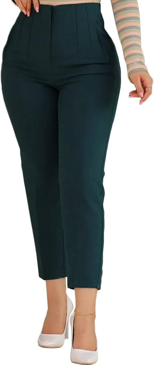 Womens Stretchy High Waisted Pants Trendy Pleated Business Work Trousers with Pockets Straight Leg Dress Pant