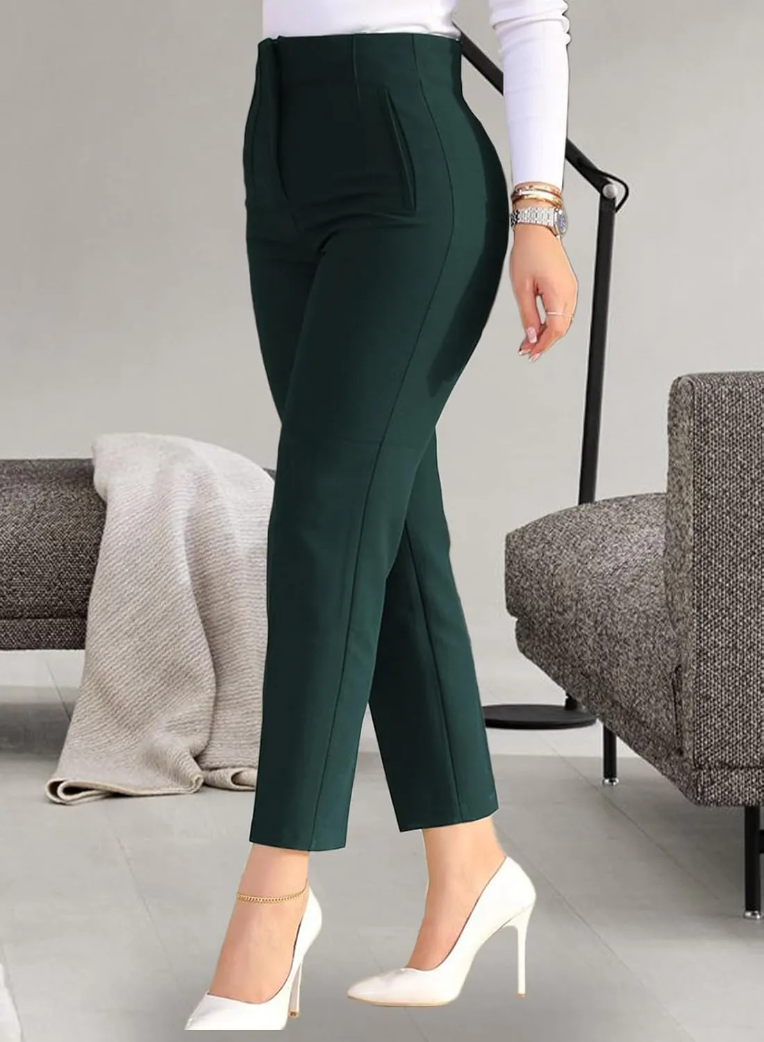 Womens Stretchy High Waisted Pants Trendy Pleated Business Work Trousers with Pockets Straight Leg Dress Pant