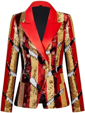 Women's Suit Tuxedo Coat Stylish Two Color Conversion Shiny Sequins Shawl Lapel Blazer Suit Jacket for Party,Banquet