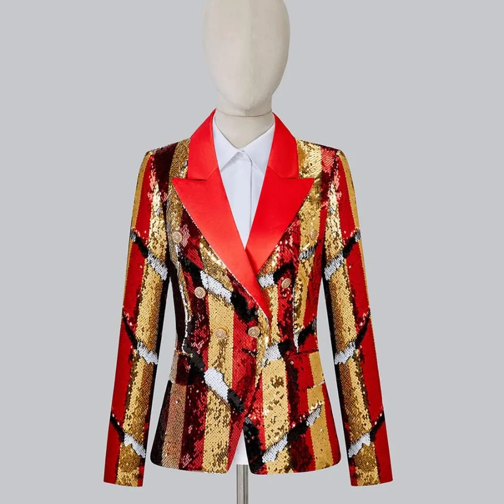 Women's Suit Tuxedo Coat Stylish Two Color Conversion Shiny Sequins Shawl Lapel Blazer Suit Jacket for Party,Banquet