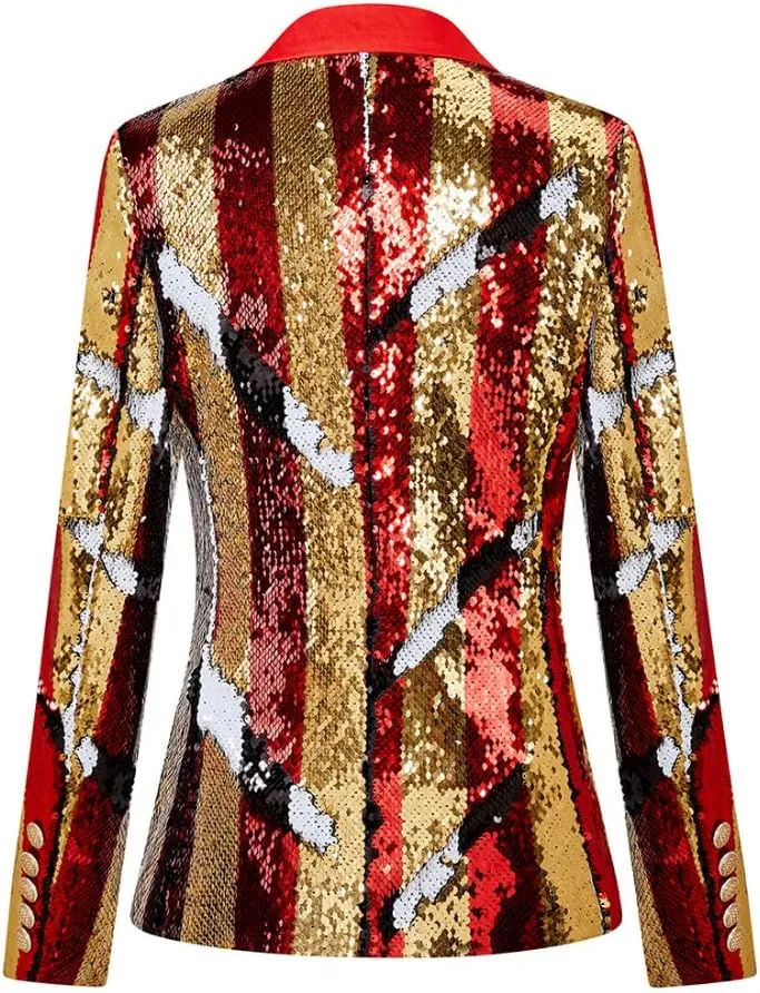 Women's Suit Tuxedo Coat Stylish Two Color Conversion Shiny Sequins Shawl Lapel Blazer Suit Jacket for Party,Banquet