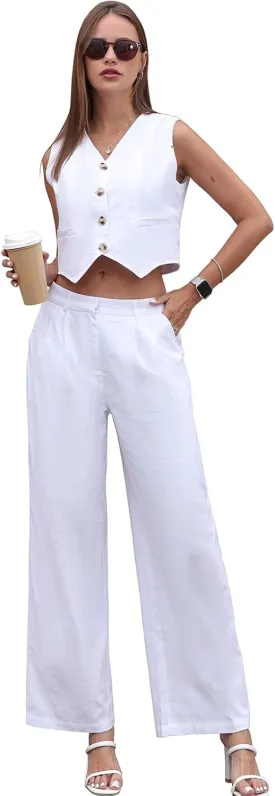 Women's Summer Blazer Vest 2 Piece Outfits V Neck Sleeveless Button Down Waistcoat and Wide Leg Pants Set with Pockets