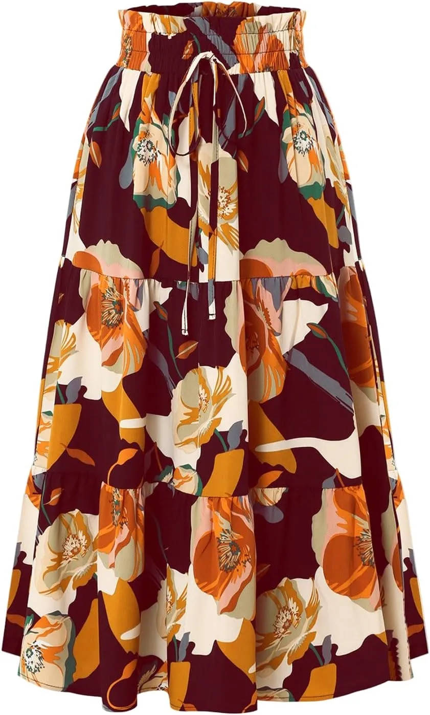 Womens Summer Casual A-Line Long Skirt Tiered High Waist Beach Outfits Elastic Waist Bohemian Print Maxi Skirt