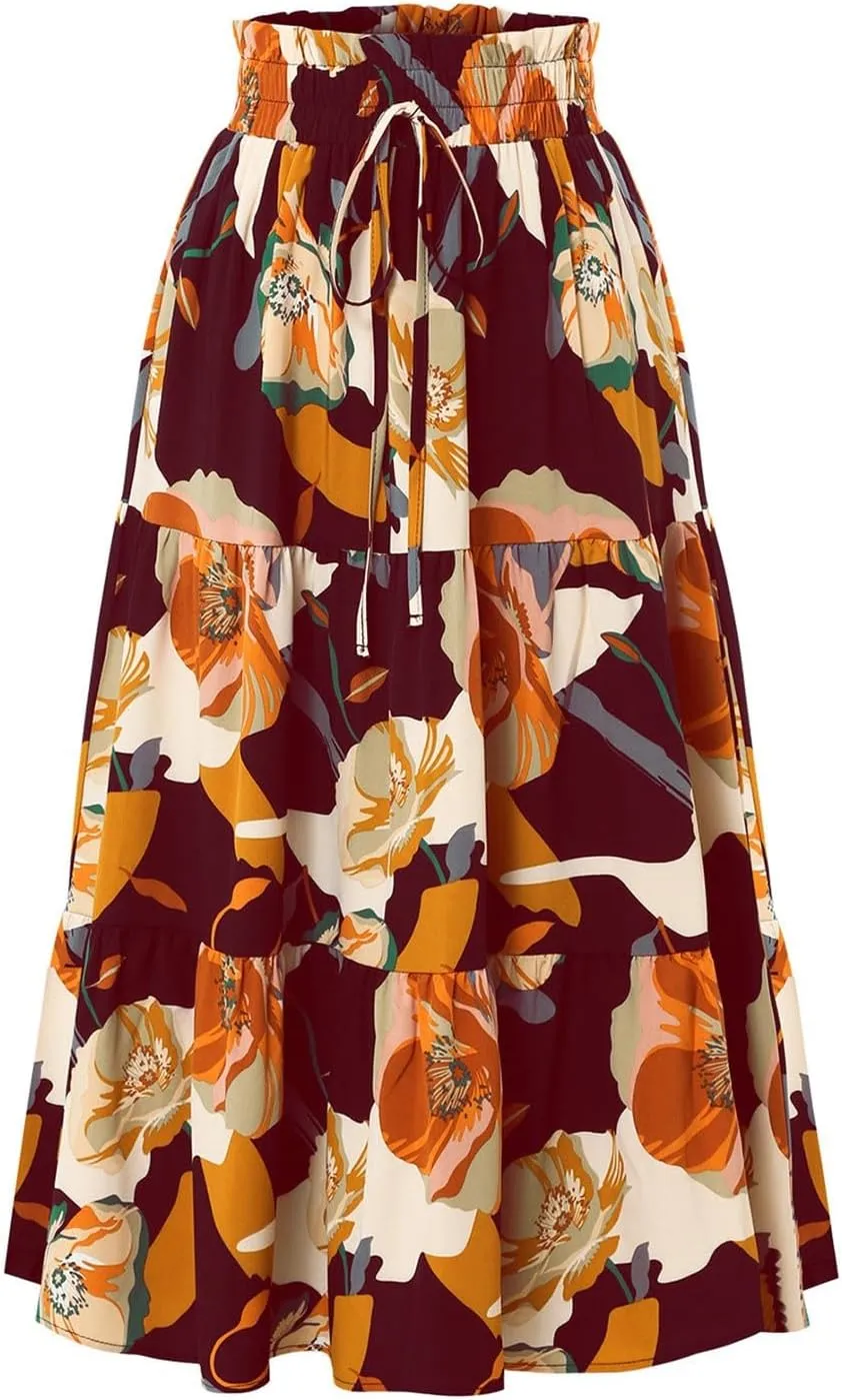 Womens Summer Casual A-Line Long Skirt Tiered High Waist Beach Outfits Elastic Waist Bohemian Print Maxi Skirt