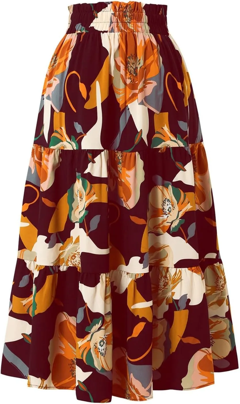 Womens Summer Casual A-Line Long Skirt Tiered High Waist Beach Outfits Elastic Waist Bohemian Print Maxi Skirt