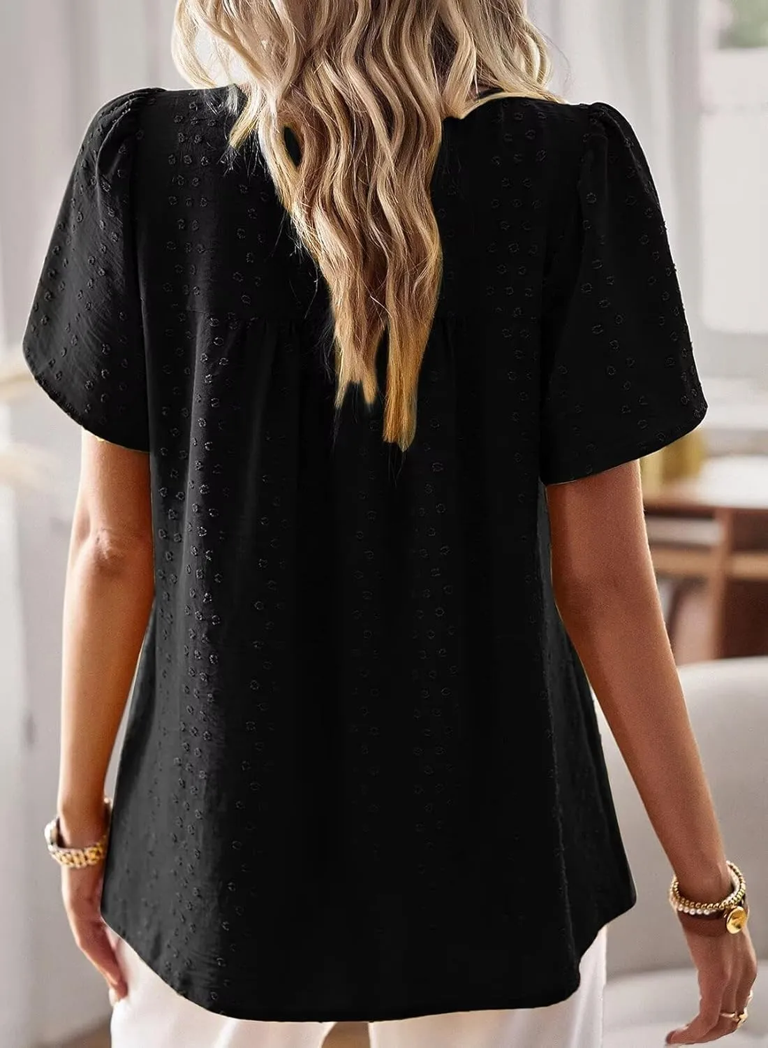 Womens Summer Tops Crewneck Short Sleeve Shirts Casual Chiffon Blouses Flowy Lace Hem Boho Clothing Trendy 2025
