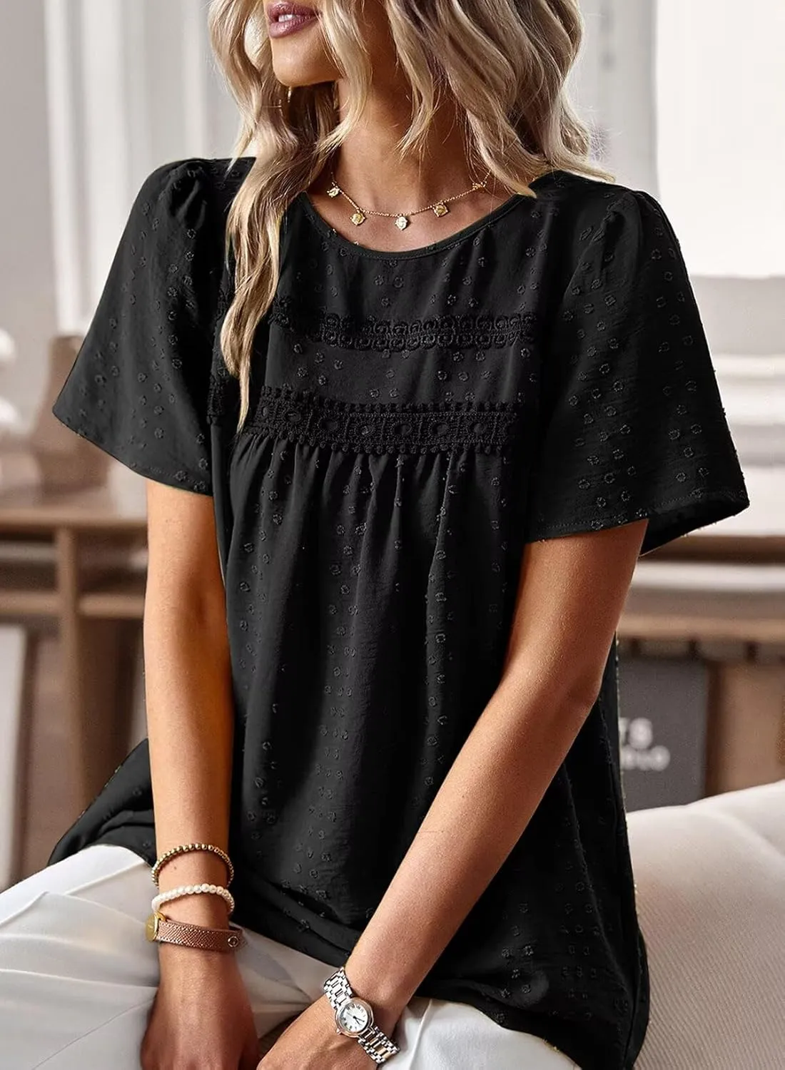 Womens Summer Tops Crewneck Short Sleeve Shirts Casual Chiffon Blouses Flowy Lace Hem Boho Clothing Trendy 2025