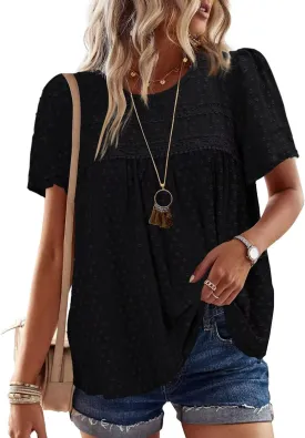 Womens Summer Tops Crewneck Short Sleeve Shirts Casual Chiffon Blouses Flowy Lace Hem Boho Clothing Trendy 2025