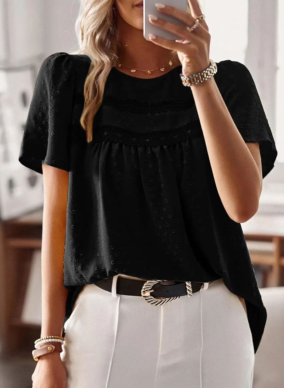 Womens Summer Tops Crewneck Short Sleeve Shirts Casual Chiffon Blouses Flowy Lace Hem Boho Clothing Trendy 2025