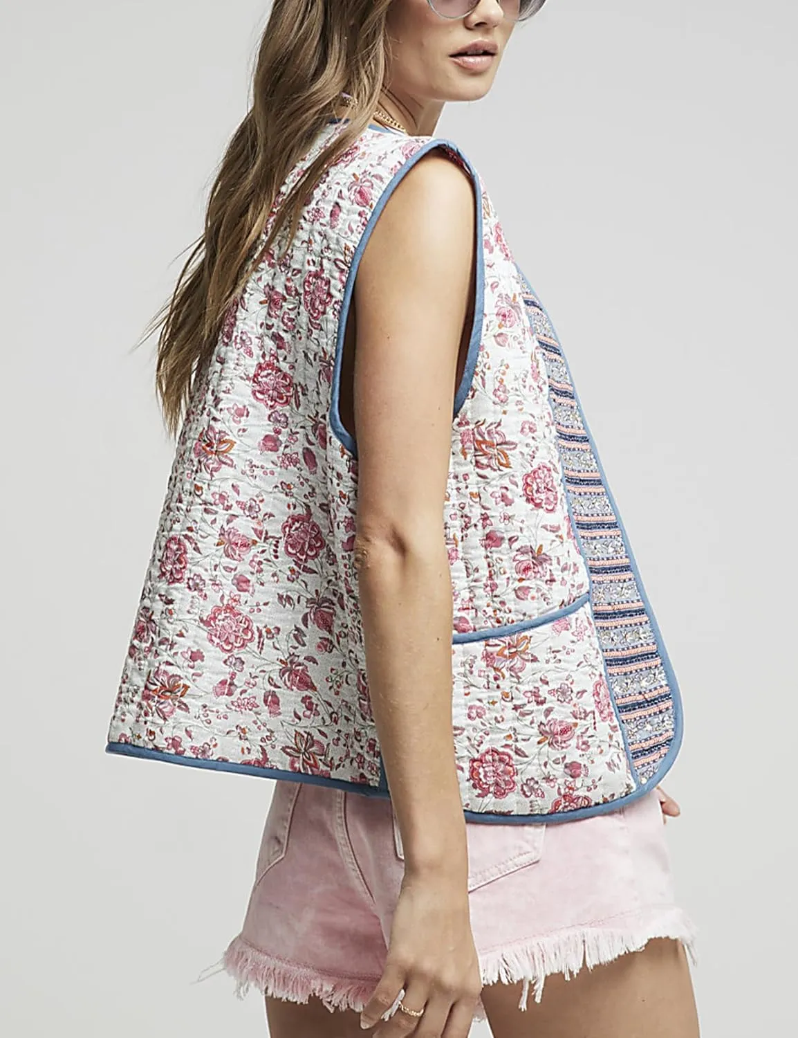 Women's Women's Floral Quilted Puffer Vest Lightweight Sleeveless Open Front Cropped Padded Outwear Vest