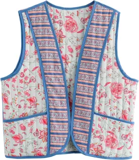 Women's Women's Floral Quilted Puffer Vest Lightweight Sleeveless Open Front Cropped Padded Outwear Vest