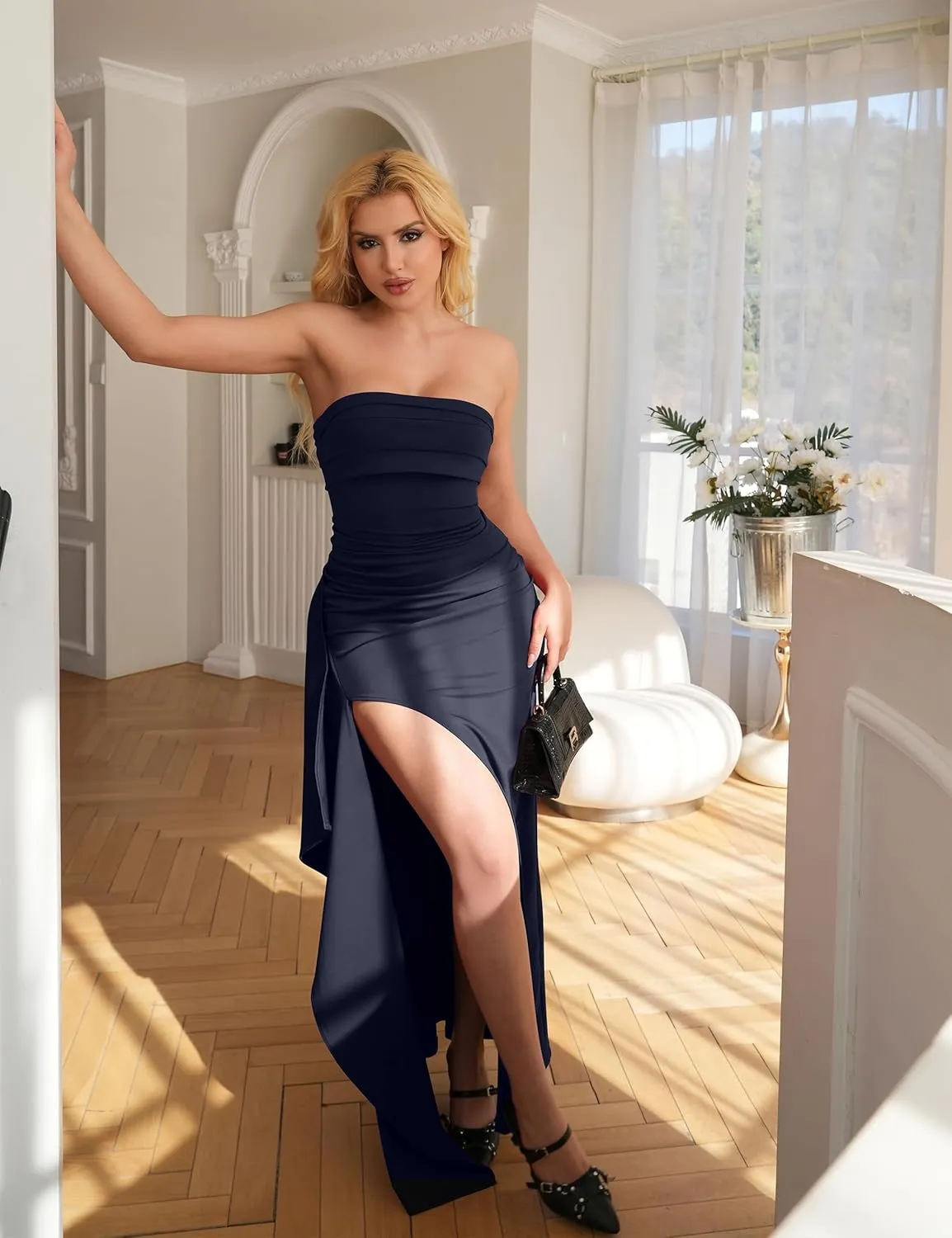 YMDUCH Women's Elegant Strapless Bodycon Ruched Ruffle High Split Long Formal Evening Dress
